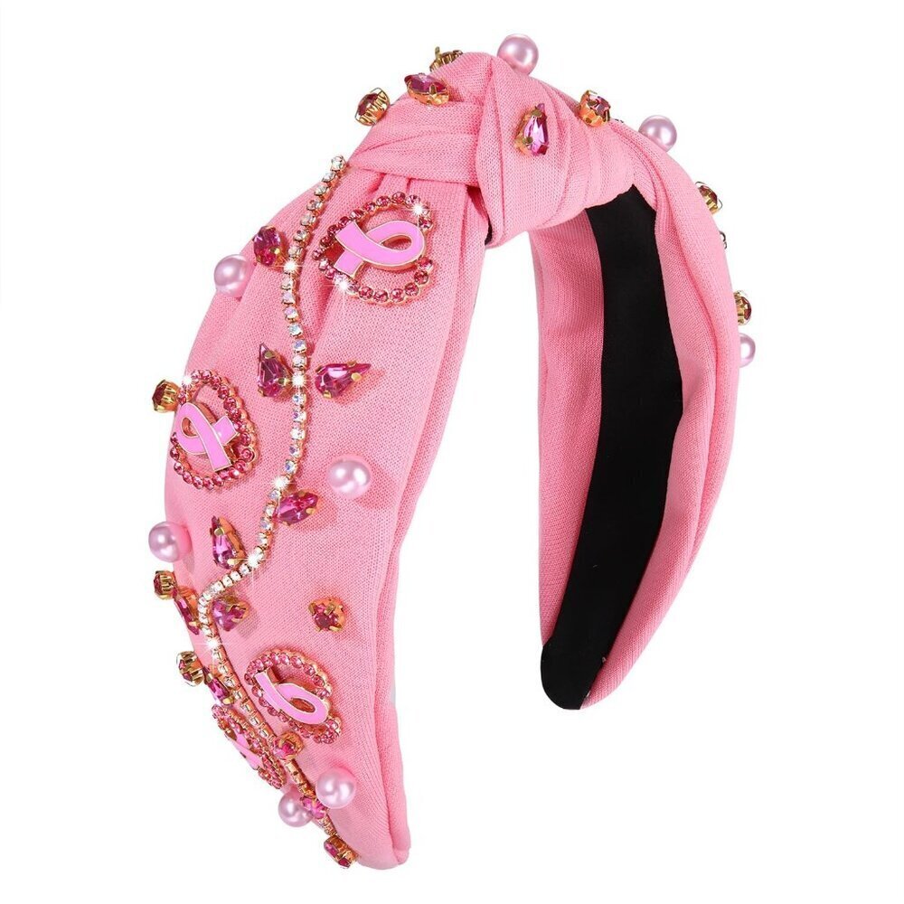 Breast Cancer Awareness Headband Pink Ribbon Heart Jeweled Hair Accessory